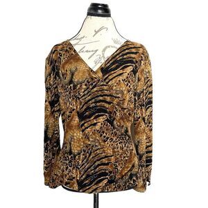 MSK Womens Blouse Size Medium Stretch Animal Print Long Slit Sleeve Faux Wrap